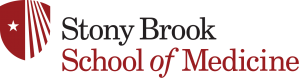 Logo for Stony Brook School of Medicine with black and red letters and red and white crest